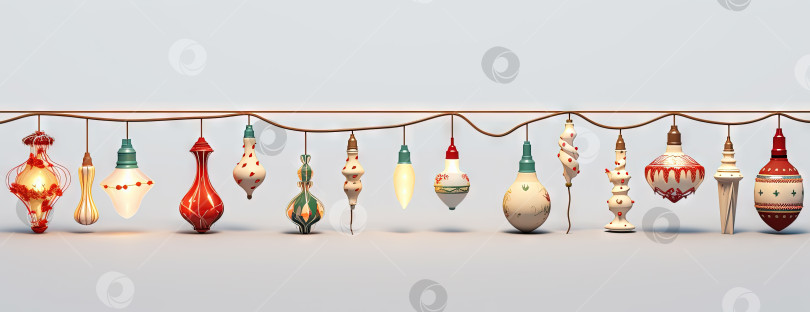Скачать Рождественские тематические светильники и гирлянды с уютными праздничными огоньками. Рождественское украшение с блестящими игрушками. Сгенерированный искусственный интеллект. фотосток Ozero