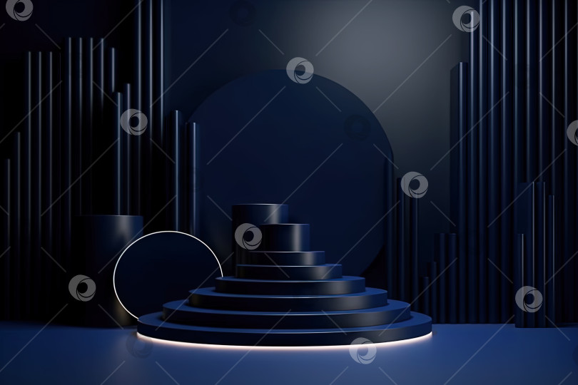 Скачать Темно-синий пьедестал в черной комнате с геометрическими фигурами. Подиум для демонстрации товара. Сгенерированный искусственный интеллект. фотосток Ozero