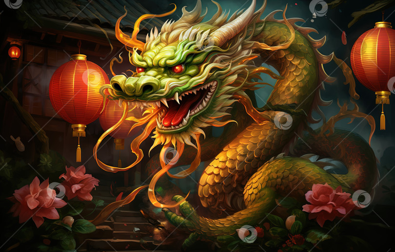 Скачать Зеленый дракон в традиционном стиле, таинственный монстр из сказок и символ 2024 лунного года по китайскому календарю. Сгенерированный искусственный интеллект. фотосток Ozero
