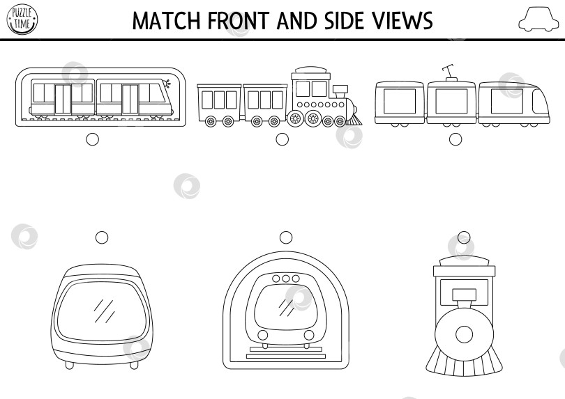 Скачать Транспорт, сочетающий черно-белое действие с симпатичным видом сбоку и спереди поезда, метро, паровоза. Головоломка с железнодорожным транспортом. Игра в подбор предметов. Сопоставьте раскраску с транспортным средством фотосток Ozero