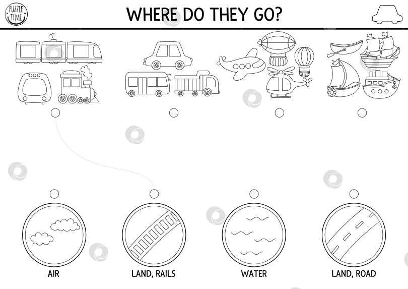Скачать Транспорт черно-белый, сочетающий действия с симпатичным самолетом, кораблем, поездом, местами, куда они отправляются. Головоломка с воздушным, водным, наземным, железнодорожным транспортом. Игра в подбор предметов. Сопоставьте раскраску с транспортным средством фотосток Ozero