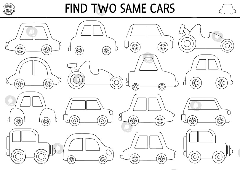 Скачать Найдите две одинаковые машины. Занятие по подбору черно-белого цвета для детей. Рабочая тетрадь для викторины "Образовательная линия городского транспорта" для детей на развитие навыков внимания. Раскраска с транспортными средствами фотосток Ozero