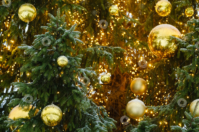 Скачать золотые шары на рождественской елке со светящейся гирляндой фотосток Ozero