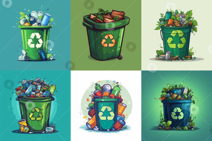 Скачать Коллекция символов мусорного бака. Значки мусорных баков, заполненных различными видами мусора, концепция вторичной переработки и раздельного сбора отходов. Отдельные отходы, готовые к вторичной переработке. Спасите землю фотосток Ozero