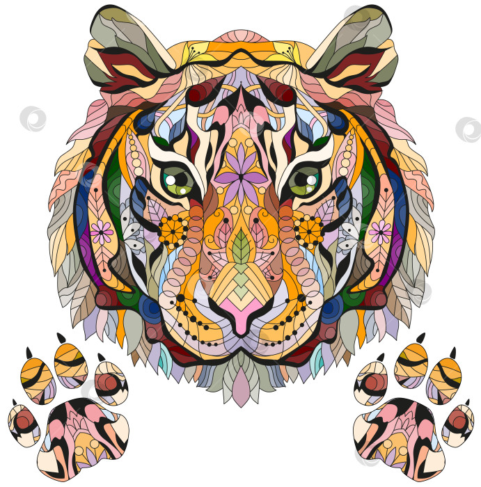 Скачать Изогнутая тигриная голова с лапами. Нарисованная от руки декоративная векторная иллюстрация фотосток Ozero