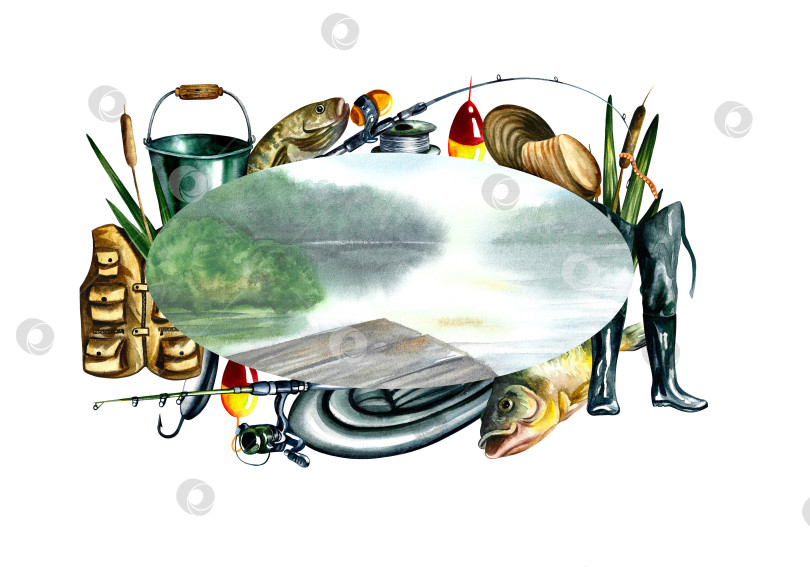 Скачать Рыболовная рама. Рыболовные снасти. Акварельная иллюстрация. Дизайн для рыбалки. фотосток Ozero