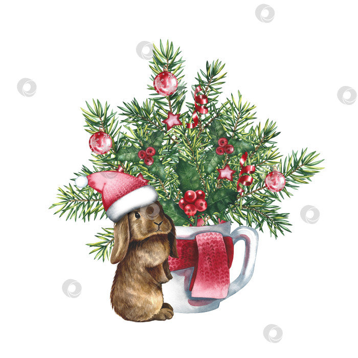 Скачать Рождественская композиция с кроликом. Акварельная иллюстрация. Кролик в шапке Санта-Клауса и рождественском букете. фотосток Ozero