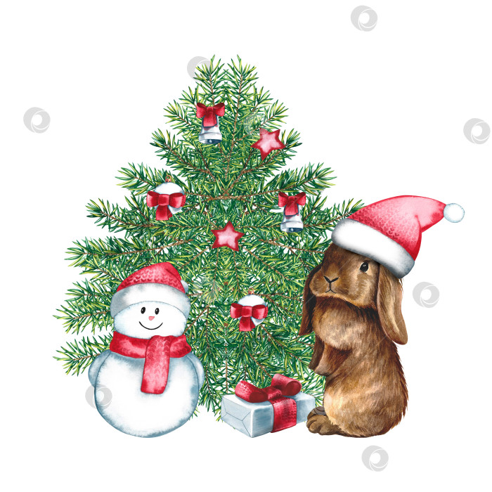Скачать Кролик в шапке Санта-Клауса возле рождественской елки со снеговиком и подарком. Акварельная иллюстрация. фотосток Ozero