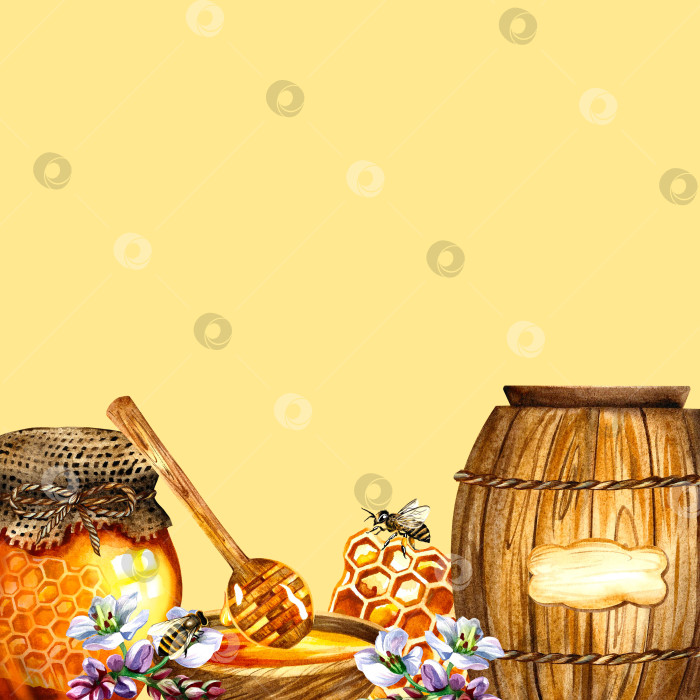 Скачать Медовый баннер с деревянными бочкообразными пчелами, сотами, цветами гречихи. На желтом фоне. фотосток Ozero