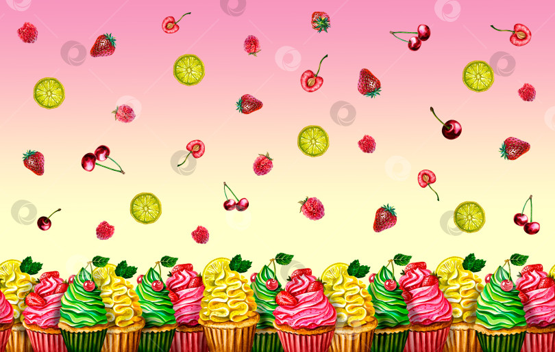 Скачать Разноцветные кексы с кремом, ягодами и фруктами. Горизонтальный бесшовный узор. Акварельная иллюстрация. фотосток Ozero