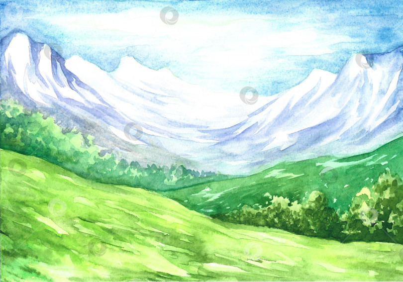 Скачать Акварельный рисунок с горным пейзажем. Художественная иллюстрация. Пейзаж со снежными горами, зеленым луговым пастбищем фотосток Ozero