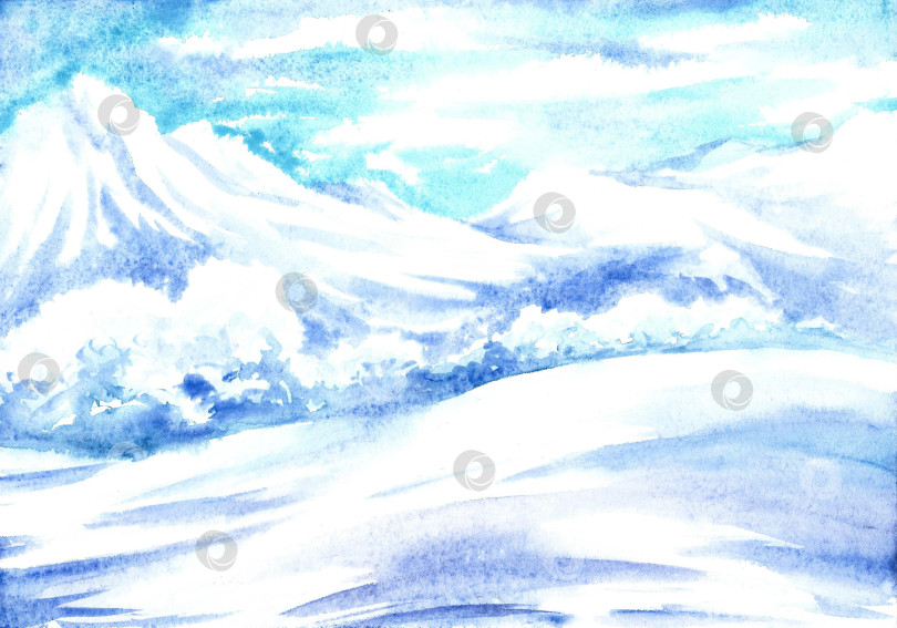 Скачать Акварельный рисунок с горным пейзажем. Художественная иллюстрация. Зимний пейзаж со снежными горами. фотосток Ozero