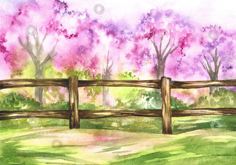 Скачать Весенний пейзаж с цветущими деревьями, луговыми пастбищами и деревянным забором. Рисунок акварелью. Художественная иллюстрация. фотосток Ozero