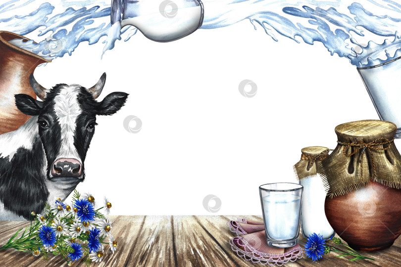 Скачать Коровьи и молочные продукты в керамической и стеклянной посуде на деревянном столе. Рамка для брызг молока. Акварельная иллюстрация, нарисованная от руки. Белый фон. Для оформления рекламы молочных продуктов, упаковки. фотосток Ozero