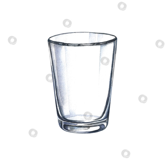 Скачать Пустой стеклянный стаканчик для воды, сока или молока. Посуда или принадлежности для питья. Акварельная иллюстрация, нарисованная от руки. Изолированный на белом фоне. Элемент для оформления баннеров, флаеров, меню. фотосток Ozero