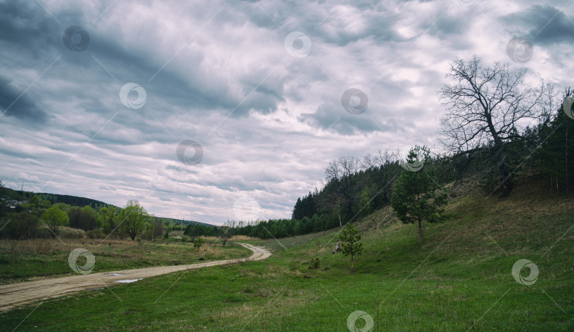 Скачать деревенская дорога, зеленый холм и лес на фоне облачного неба фотосток Ozero