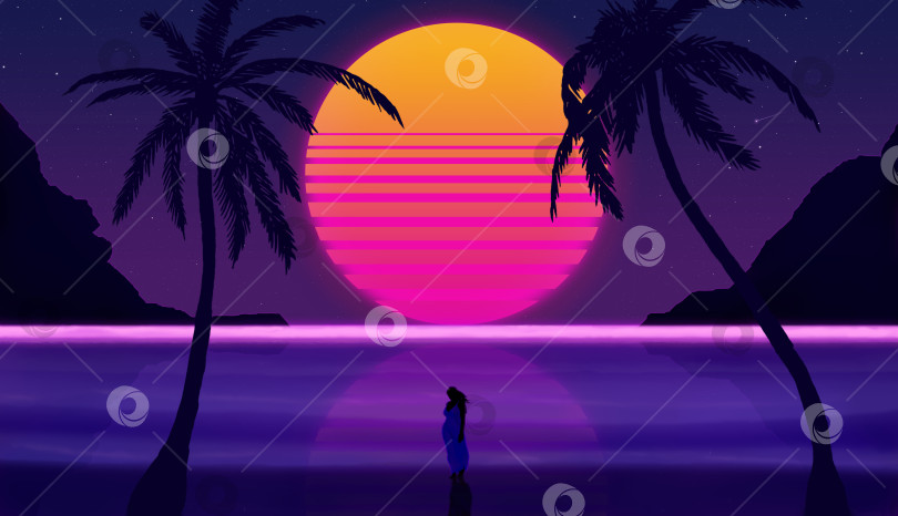 Скачать фантастический закат на пляже с пальмами на фоне звездного неба и силуэтом идущей женщины фотосток Ozero