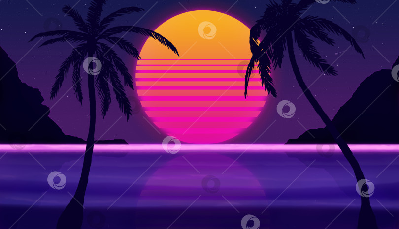 Скачать фантастический закат на пляже с пальмами на фоне звездного неба фотосток Ozero