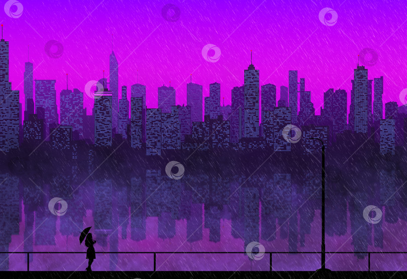 Скачать силуэт женщины с зонтиком под дождем на фоне фантастического городского пейзажа с небоскребами и отражением в неоновом освещении фотосток Ozero
