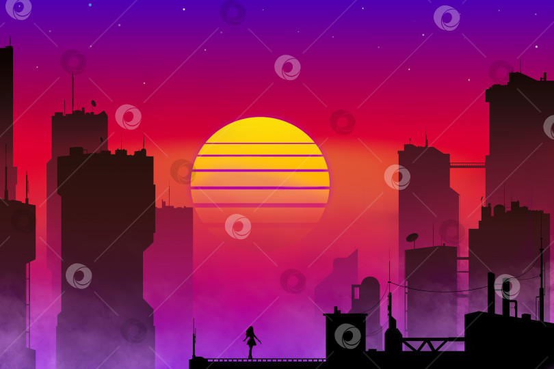 Скачать фантастический город с силуэтами небоскребов на фоне заката фотосток Ozero
