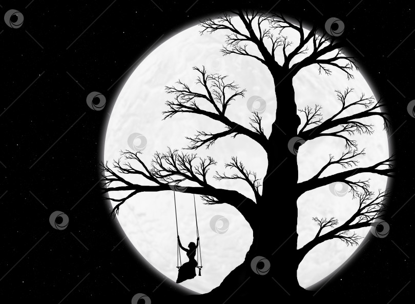 Скачать черный силуэт старого большого дерева и женщины на качелях на фоне ночного неба со звездами и огромной луной фотосток Ozero