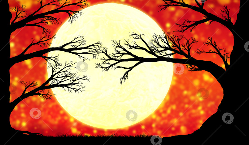 Скачать силуэт большого черного дерева на фоне оранжевого неба с луной фотосток Ozero
