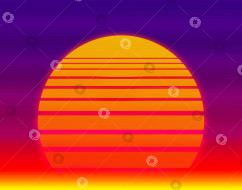 Скачать фон с вечерним солнцем в стиле ретровейв на неоновом небе фотосток Ozero