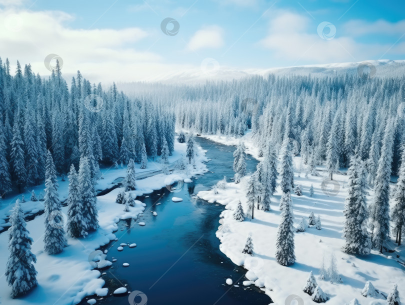 Скачать Поколение искусственного интеллекта. Река с кусками замерзшего льда, окруженная снегом и соснами холодной зимой фотосток Ozero