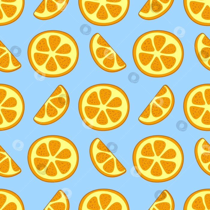 Скачать Нарисуйте кусочки апельсинов на синем фоне. Нарежьте ломтиками и кружочками цитрусовые фрукты. Кисловатый вкус. Летний узор. Цвета фотосток Ozero