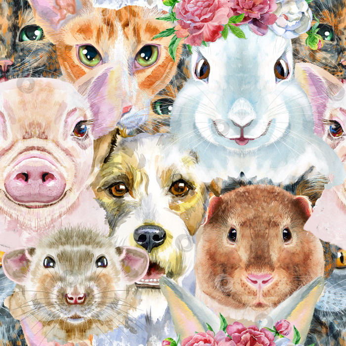 Скачать Бесшовный узор с изображением собаки, морской свинки, кошки, мини-свинки, кролика и крысы. Акварельная иллюстрация, нарисованная от руки фотосток Ozero