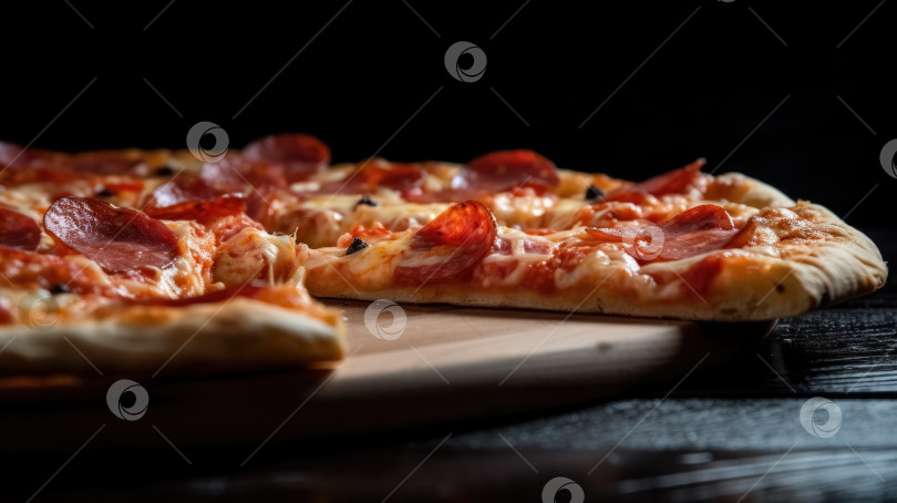 Скачать Итальянская пицца Пепперони с помидорами, сыром моцарелла, салями, перцем, свежим базиликом и специями. Порождающий искусственный интеллект фотосток Ozero