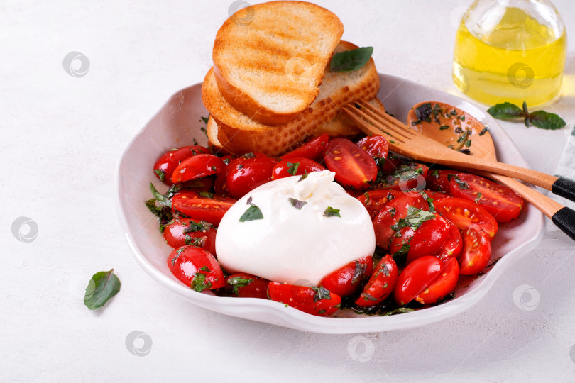 Скачать Сыр буррата с помидорами черри в салатной заправке с базиликом, чесноком и оливковым маслом подается на тарелке с поджаренным хлебом. фотосток Ozero