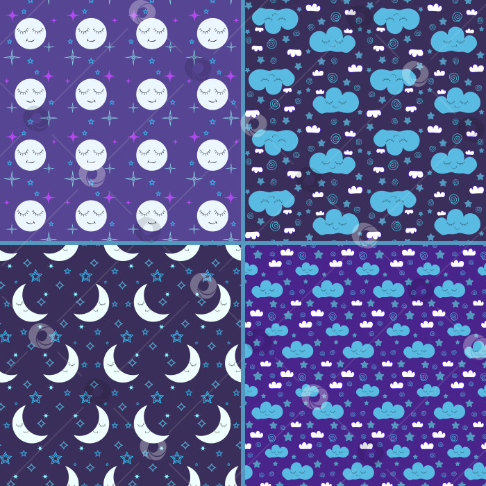 Скачать Милые спящие улыбающиеся облака, луны, полумесяцы и звезды на темно-синем и фиолетовом фоне. фотосток Ozero