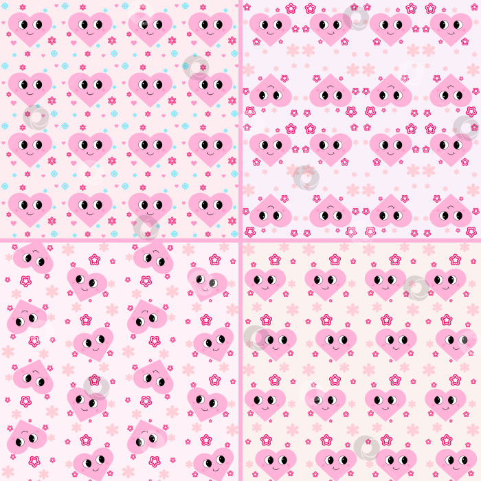 Скачать Набор бесшовных узоров со счастливыми улыбающимися сердечками розового цвета. фотосток Ozero