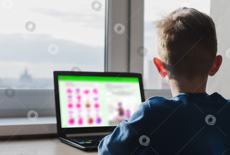 Скачать Маленький мальчик сидит за компьютером у окна фотосток Ozero