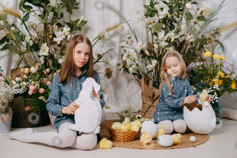 Скачать Две девушки в красивой пасхальной фотозоне с цветами, яйцами, цыплятами и пасхальными кроликами. Счастливого праздника Пасхи. фотосток Ozero