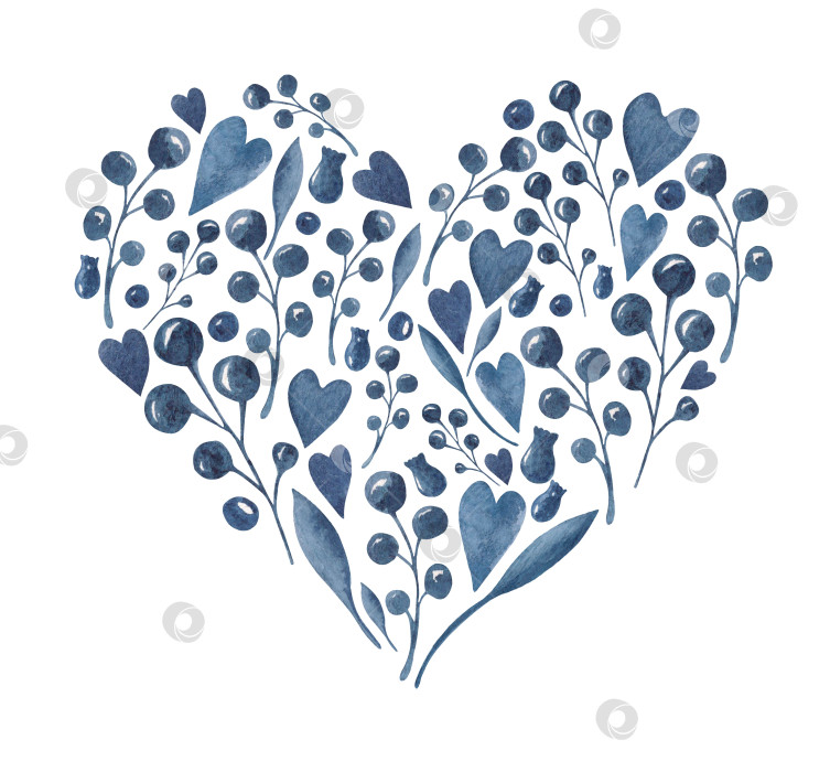 Скачать Нарисованная акварелью от руки композиция в форме сердца из голубых листьев, фантазийных цветов, ягод и сердечек на день святого Валентина фотосток Ozero