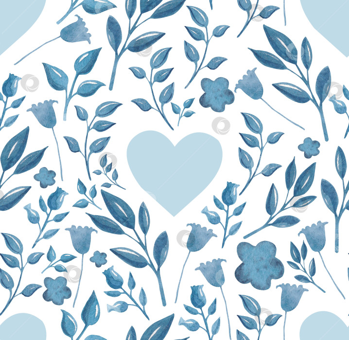 Скачать Акварельный бесшовный ботанический узор, нарисованный от руки, с голубыми листьями фантастических растений, цветами и сердечками фотосток Ozero