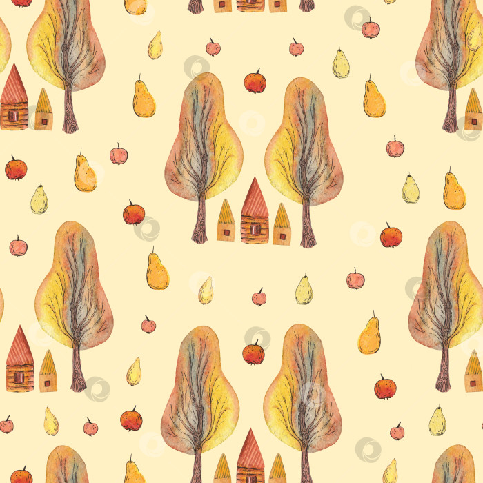 Скачать Акварельный бесшовный рисунок от руки с осенними желтыми и красными деревьями и маленькими домиками, окруженными яблоками и грушами фотосток Ozero