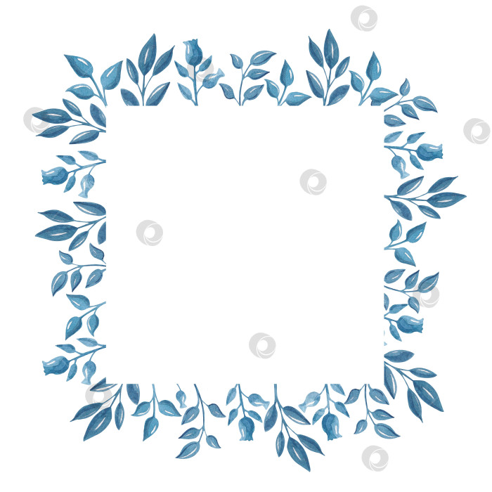 Скачать Акварельная квадратная рамка с синими листьями и цветами. Венок идеально подходит для приглашений, открыток и других проектов фотосток Ozero