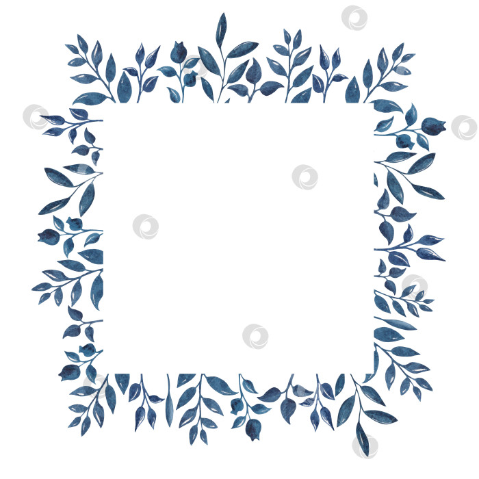 Скачать Акварельная прямоугольная рамка с синими листьями и цветами. Венок идеально подходит для приглашений, открыток и других проектов фотосток Ozero