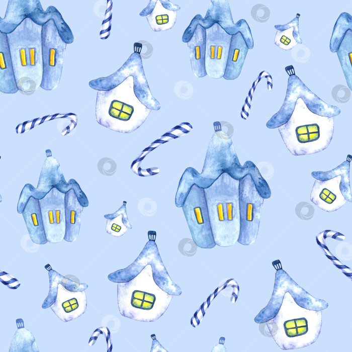 Скачать Акварельный бесшовный зимний узор, нарисованный от руки, с украшением новогодней елки: заснеженные маленькие милые домики и леденцовые трости фотосток Ozero