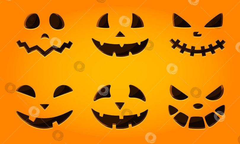 Скачать Черные изолированные рисунки лица тыквы на Хэллоуин на оранжевом фоне. Страшные и забавные лица хэллоуинской тыквы или призрака. Векторная иллюстрация фотосток Ozero