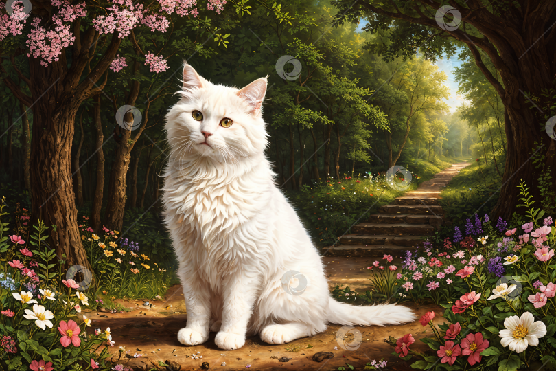 Скачать Белый пушистый кот сидит в лесу среди цветов. Живопись маслом. фотосток Ozero