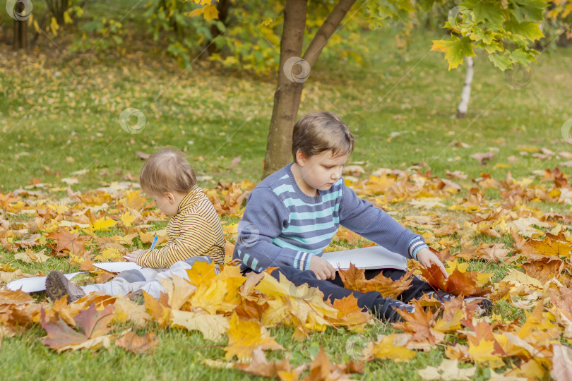 Скачать Дети играют в осеннем парке. Дети разбрасывают желтые листья. Маленький мальчик с кленовым листом. Осенняя листва. Семейные мероприятия на свежем воздухе осенью. фотосток Ozero