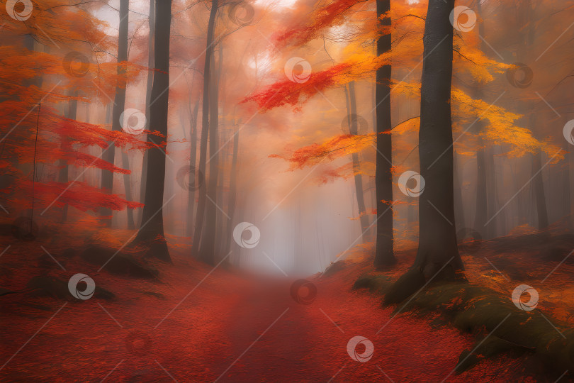 Скачать Лес, усыпанный огненно-красными, оранжевыми и желтыми листьями, чарующей красотой осенней листвы. фотосток Ozero