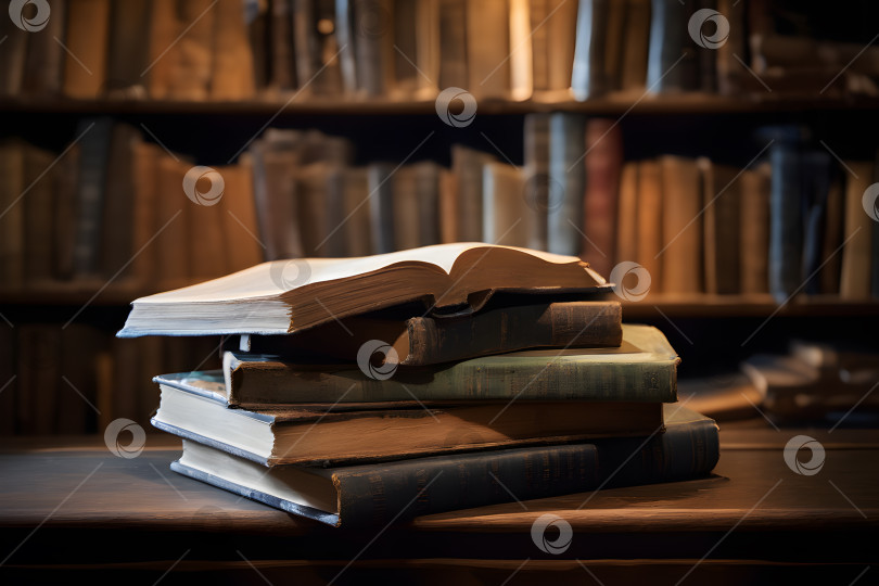 Скачать Стопка потрепанных старинных книг в уютном уголке для чтения фотосток Ozero