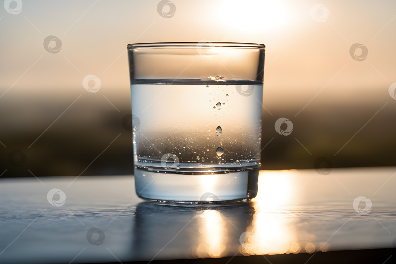 Скачать Крупный план кристально чистого стакана с водой, капельки которой блестят на фоне безмятежного солнечного света фотосток Ozero