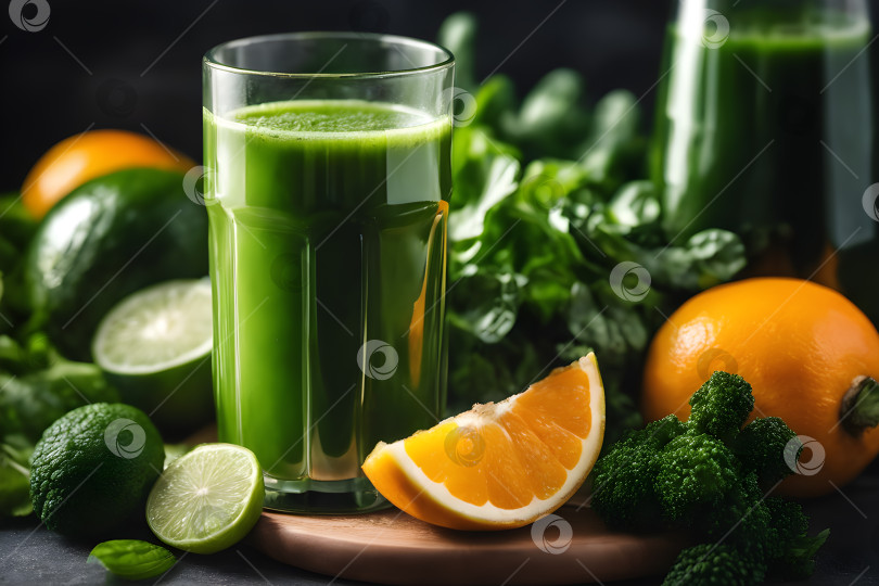 Скачать Крупный план стакана свежевыжатого зеленого смузи в окружении ингредиентов для детоксикации фотосток Ozero