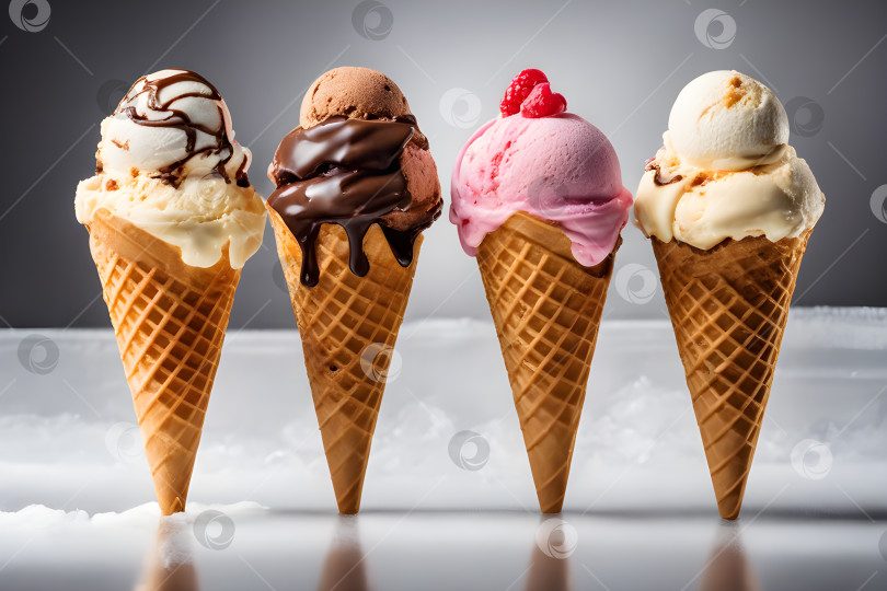 Скачать Набор различных видов мороженого в вафельных рожках на белом морозном фоне фотосток Ozero